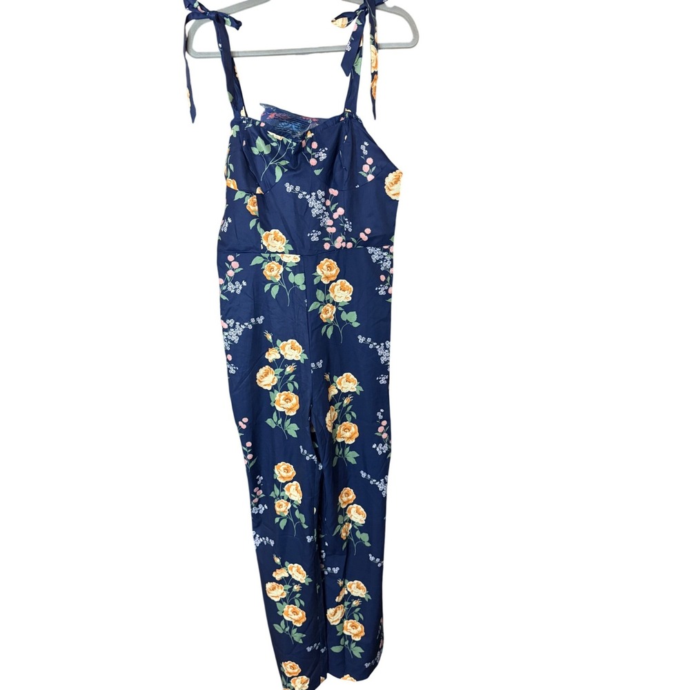 CUPSHE Navy Blue Floral Tie Shoulder Wide Leg Jumpsuit Sweetheart Neck Large NEW